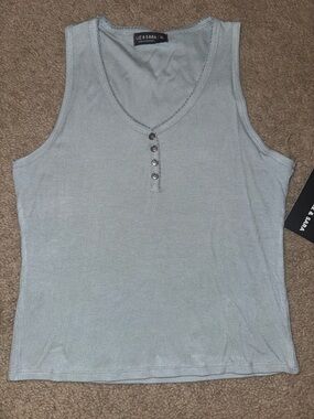 Light Blue Ribbed Henley Tank Top - Casual Women’s Vest